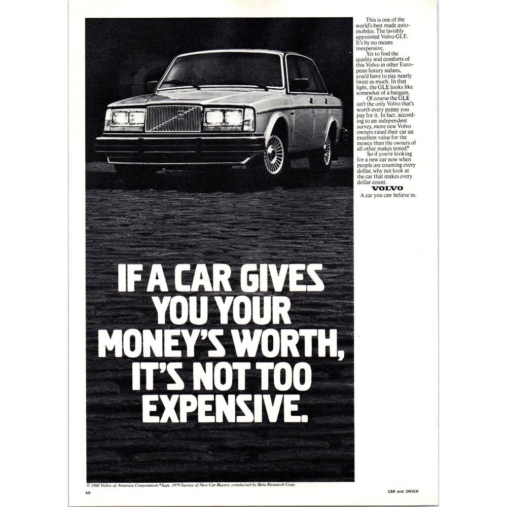 1981 Volvo GLE Luxury Sedan Vintage Print Ad Cobblestone Driveway 80s Wall Art